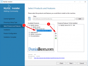 Jendela pemilihan Product MySQL Server 8.0