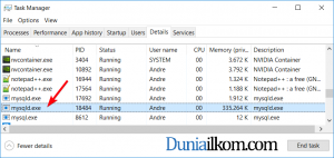 Memeriksa MySQL Server dari Task Manager