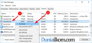 Pilih mysqld.exe lalu pilih End Task