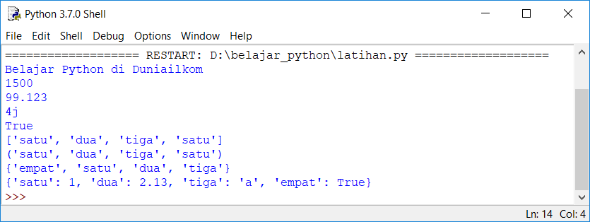 Hasil kode program jenis jenis tipe data Python