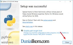Proses instalasi Python sudah selesai