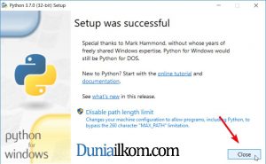 Proses instalasi Python sudah selesai