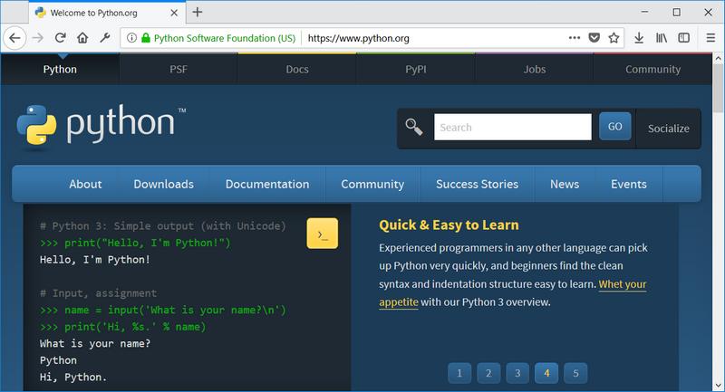 Tampilan halaman web resmi python