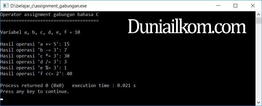 Contoh kode program operator asignment gabungan bahasa pemrograman C