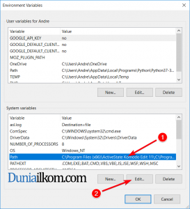 Klik tombol edit di environment variable untuk mengatur path