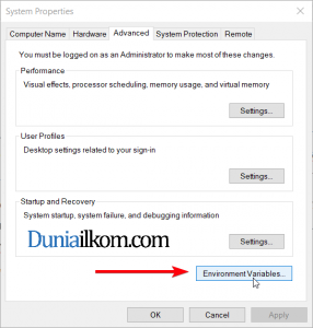 Klik tombol environment variable untuk mengatur path