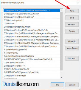 Klik tombol new di edit environment variable untuk mengatur path