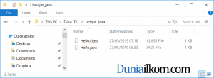 Melihat file Hello.java dan Hello.class