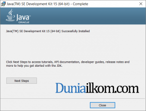 Proses instalasi Java JDK 15 - selesai