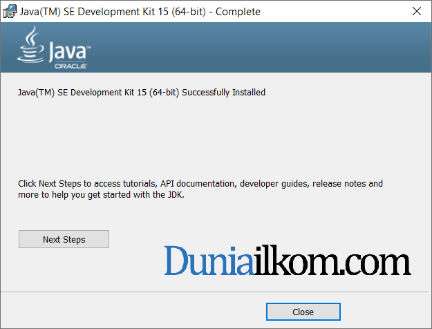 Proses instalasi Java JDK 15 - selesai