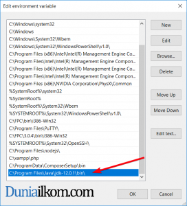 Tambah path di jendela edit environment variable