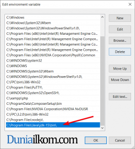 Tambah path di jendela edit environment variable Java JDK 15