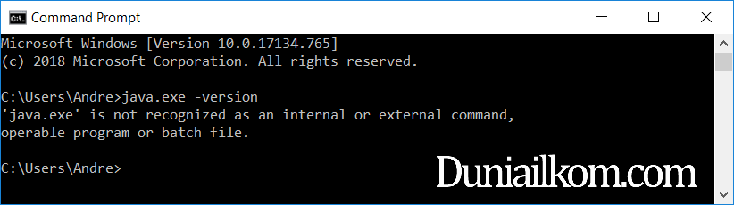 Tampilan cmd Windows error karena java.exe tidak ditemukan