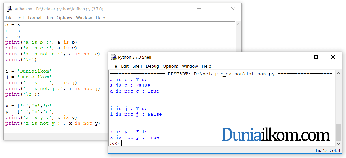 Contoh kode program operator identitas di Python