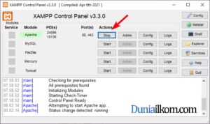 Jendela XAMPP Control Panel untuk XAMPP 8
