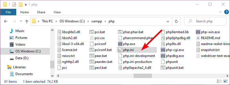 Lokasi file php.ini di File Explorer