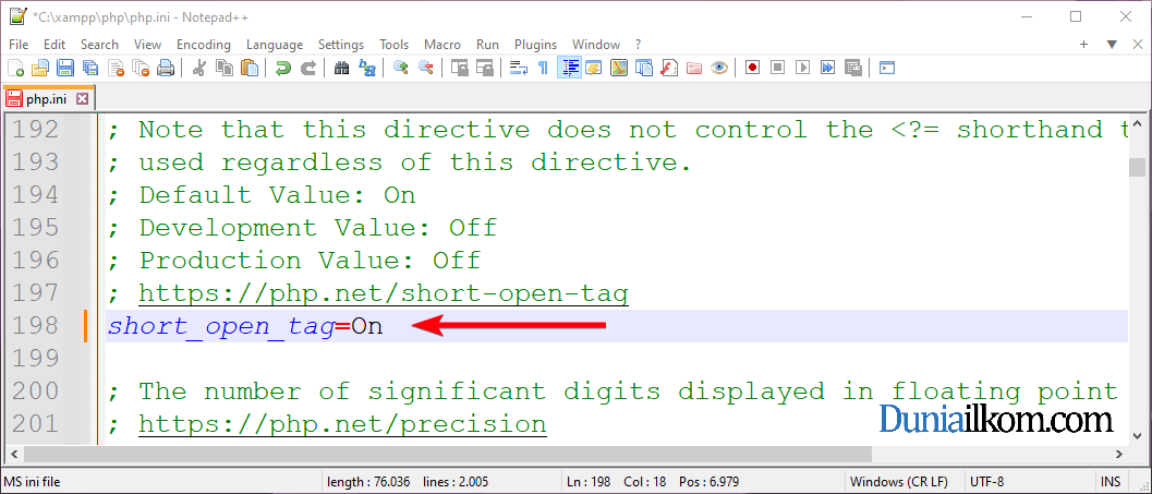 Mengubah pengaturan short_open_tag PHP dari file php.ini