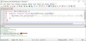 Hasil proses run bahasa Java dari Notepad++