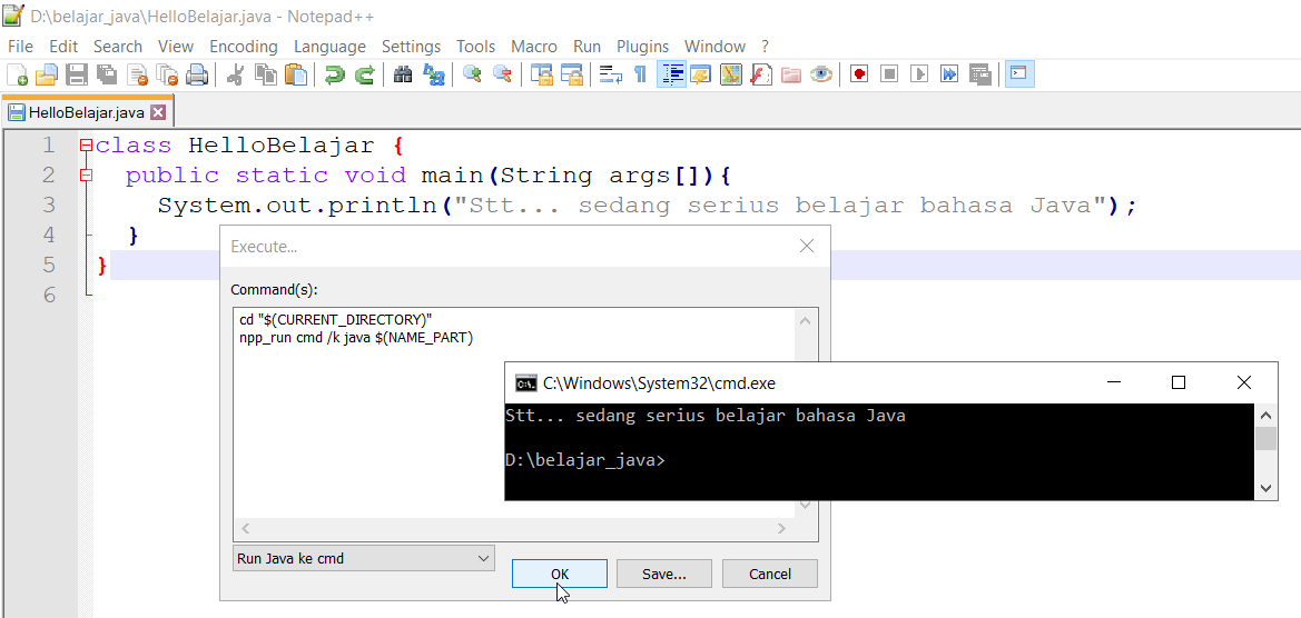 Hasil proses run bahasa Java dari Notepad++ yang ditampilkan ke cmd
