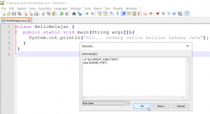 proses run bahasa Java dari Notepad++