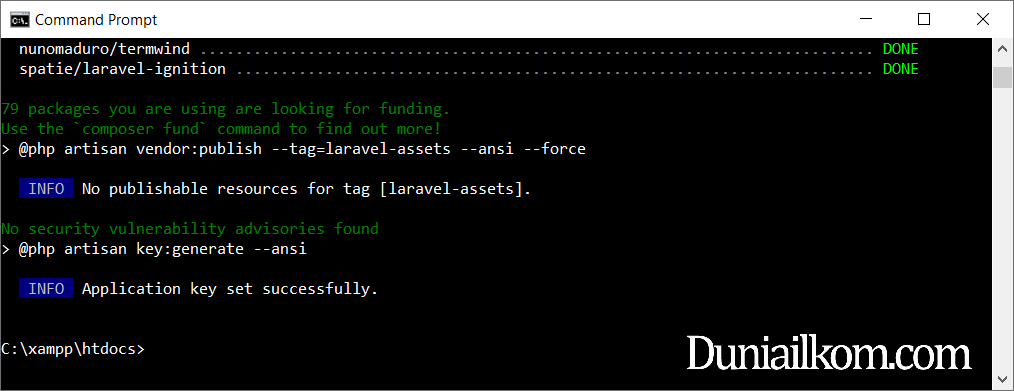 Proses instalasi Laravel 9 selesai