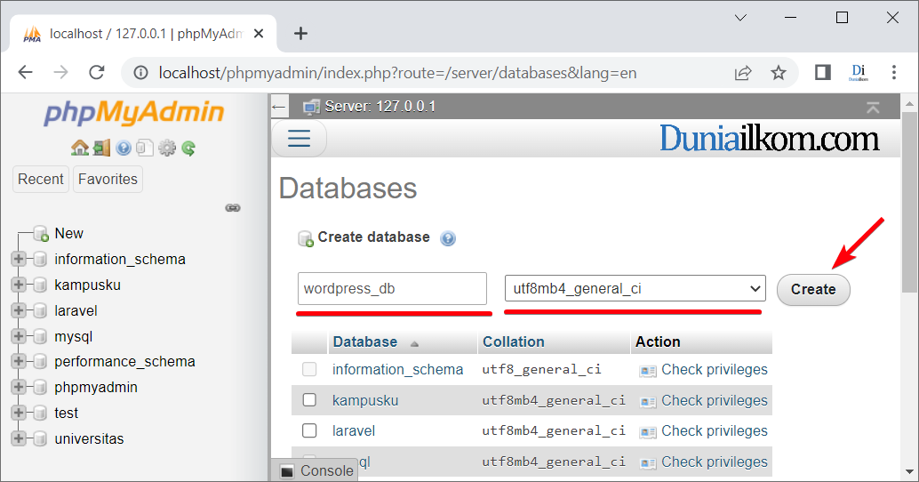 Input nama database MySQL untuk wordpress