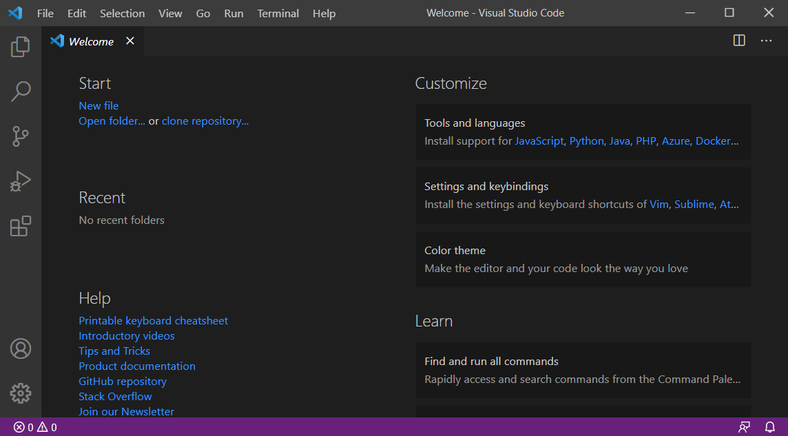 Jendela Tampilan awal VS Code