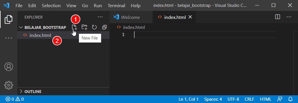 Membuat file baru dari icon New File di tab Explorer VS Code