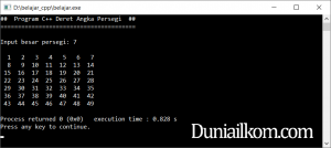 Latihan Kode Program C++ Membuat Persegi Angka (4)