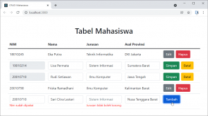 Tampilan Project CRUD Mahasiswa dengan React