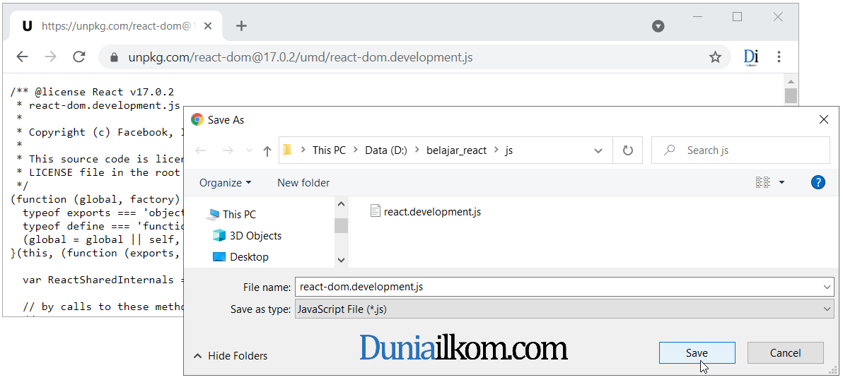 Simpan file react ke dalam folder D:\belajar_react\js\