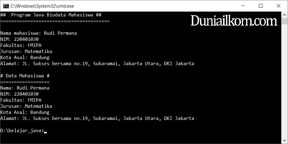 Latihan Kode Program Java - Menampilkan Biodata Mahasiswa