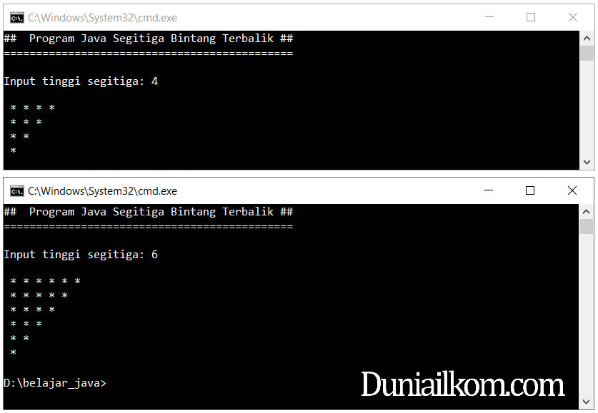 Latihan Kode Program Java - Segitiga Bintang Terbalik