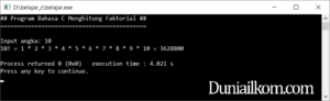 Latihan Kode Program Bahasa C - Cara Menghitung Faktorial dengan angka