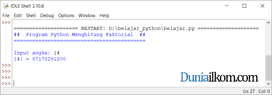Latihan Kode Program Python - Cara Menghitung Faktorial