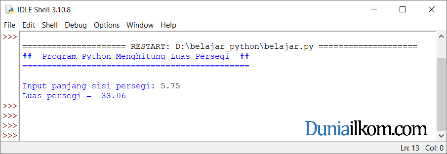 Latihan Kode Program Python - Menghitung Luas Persegi