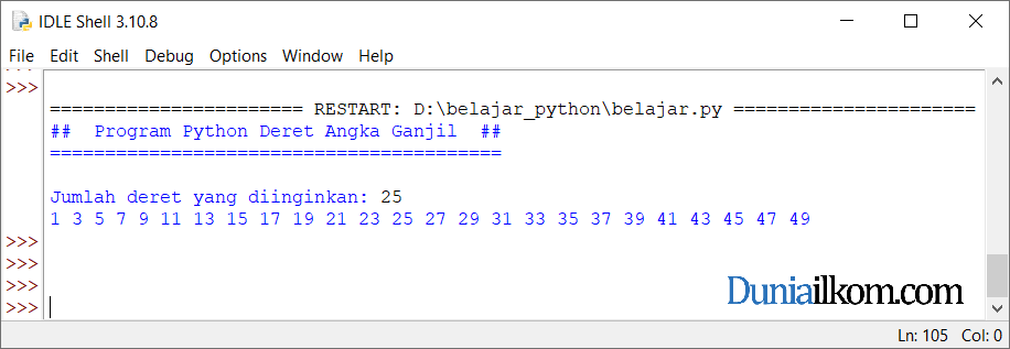 Latihan Kode Program Python - Deret Angka Ganjil