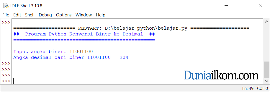 Latihan Kode Program Python - Konversi Bilangan Biner ke Desimal