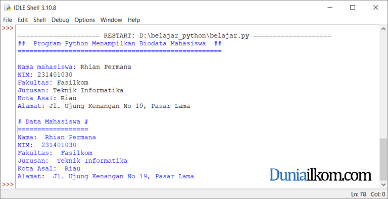 Latihan Kode Program Python: Menampilkan Biodata Mahasiswa
