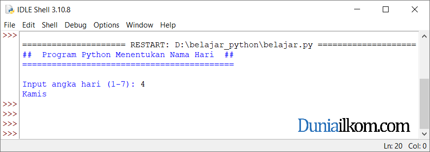 Latihan Kode Program Python - Menentukan Nama Hari