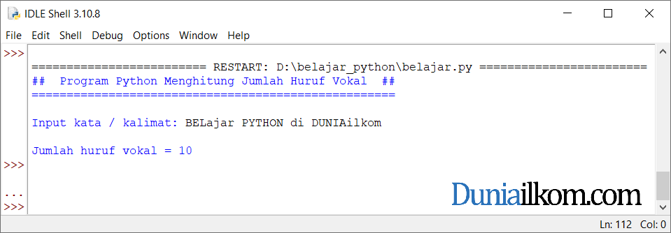 Latihan Kode Program Python - Menghitung Jumlah Huruf Vokal Case Insensitif