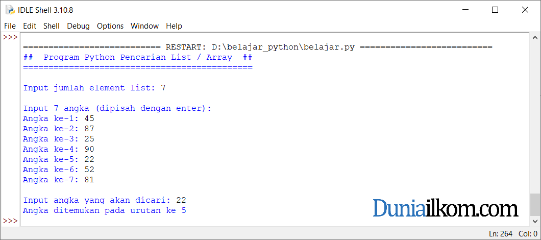 Latihan Kode Program Python - Pencarian Data List atau Array (Searching)