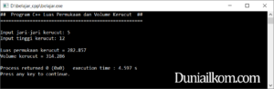 Latihan Kode Program C++ - Menghitung Luas Permukaan dan Volume Kerucut