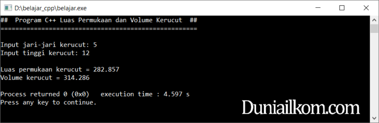 Kode Program C++: Luas Permukaan dan Volume Kerucut