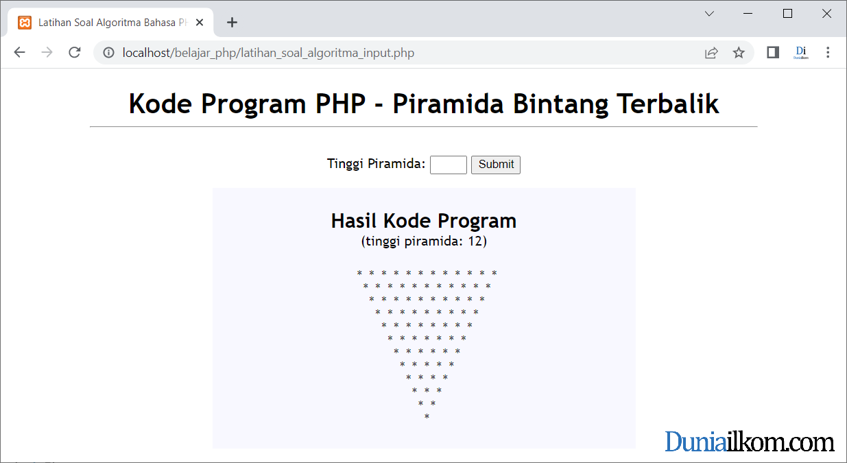 Latihan Kode Program PHP - Membuat Pola Piramida Bintang Terbalik dengan Form