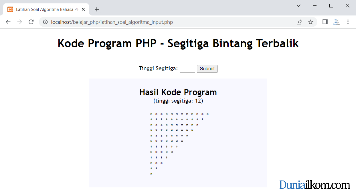 Latihan Kode Program PHP - Membuat Pola Segitiga Bintang Terbalik dengan Form